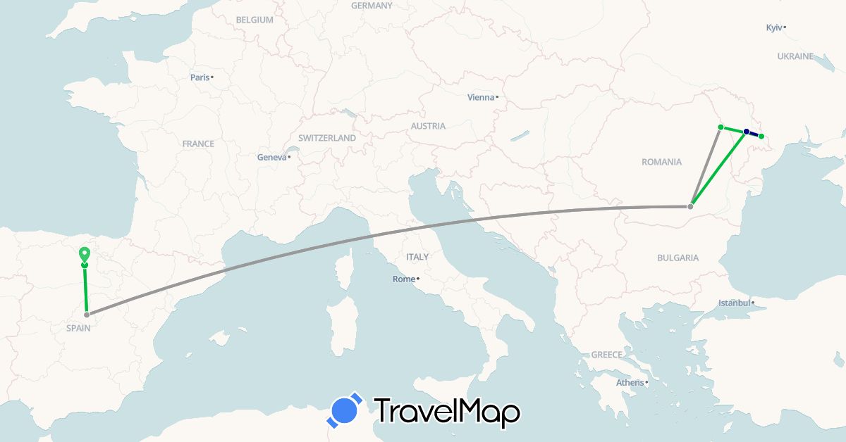 TravelMap itinerary: driving, bus, plane in Spain, Moldova, Romania (Europe)